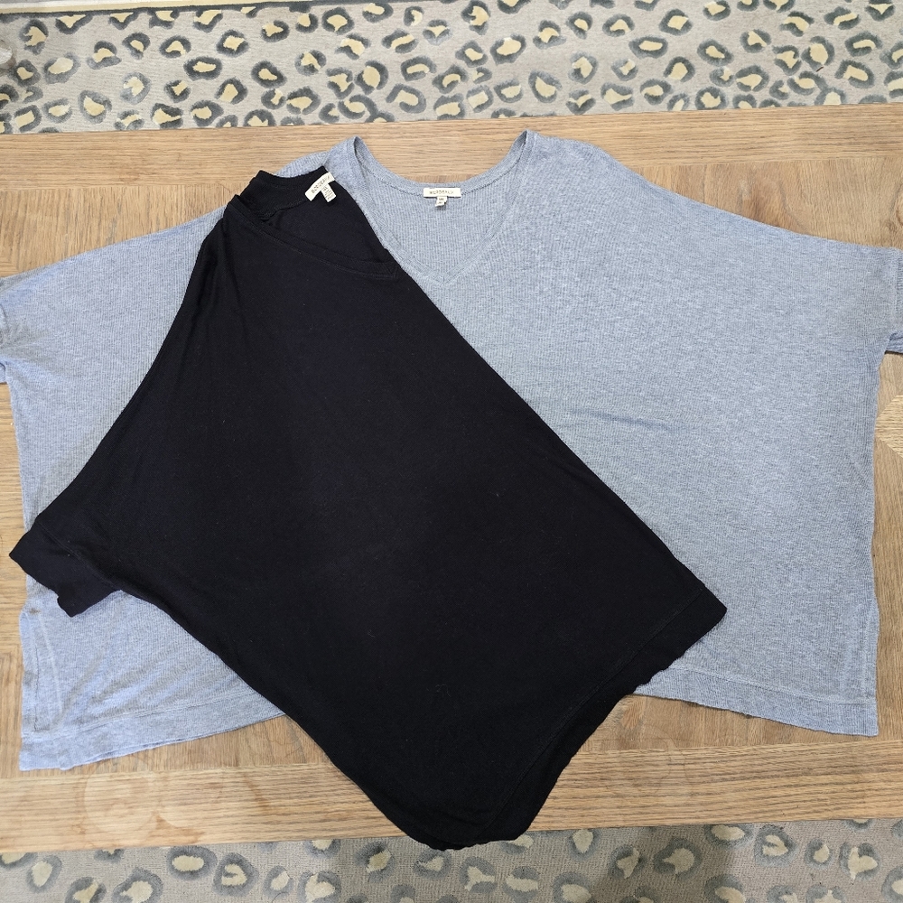 Anthropologie 2 BORDEAUX Poncho Style Tops w/ Sleeves, 1 Blk 1 Grey M/L
